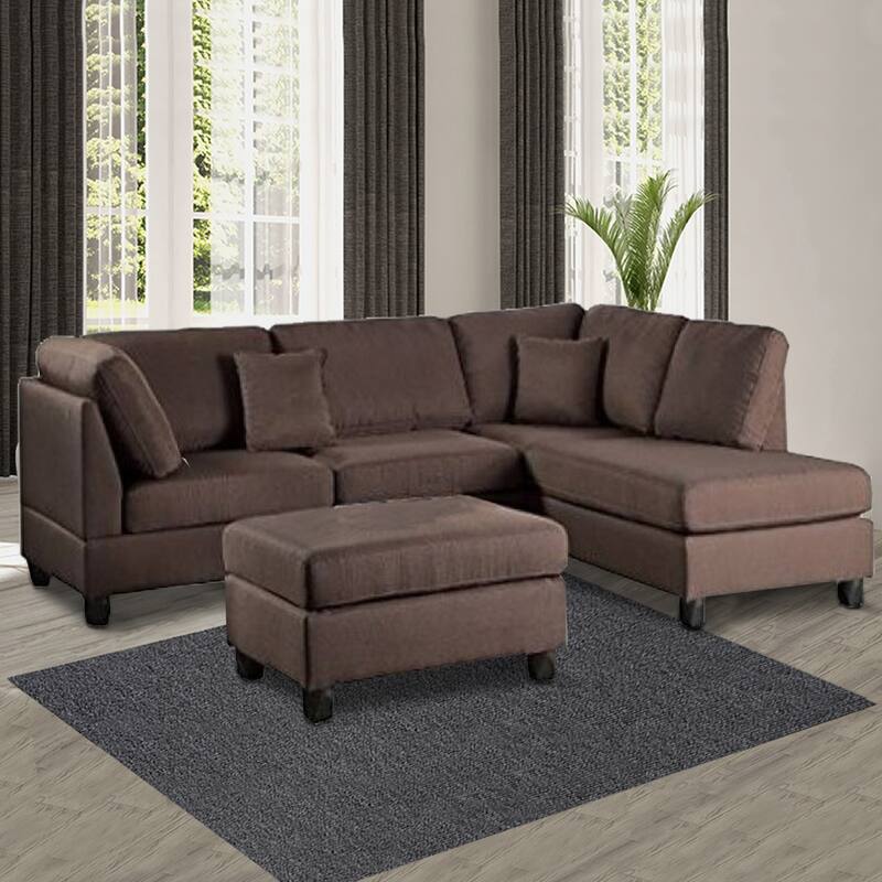 Linen Fabric 3 Pieces Sectional In Chocolate Brown
