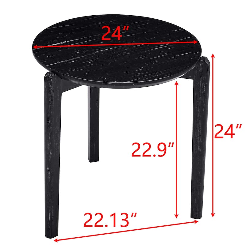 Modern 24-Inch Round Coffee Table - Stylish Imitation Marble Top with Solid Rubber Wood Legs-Perfect Small Wooden Coffee Table