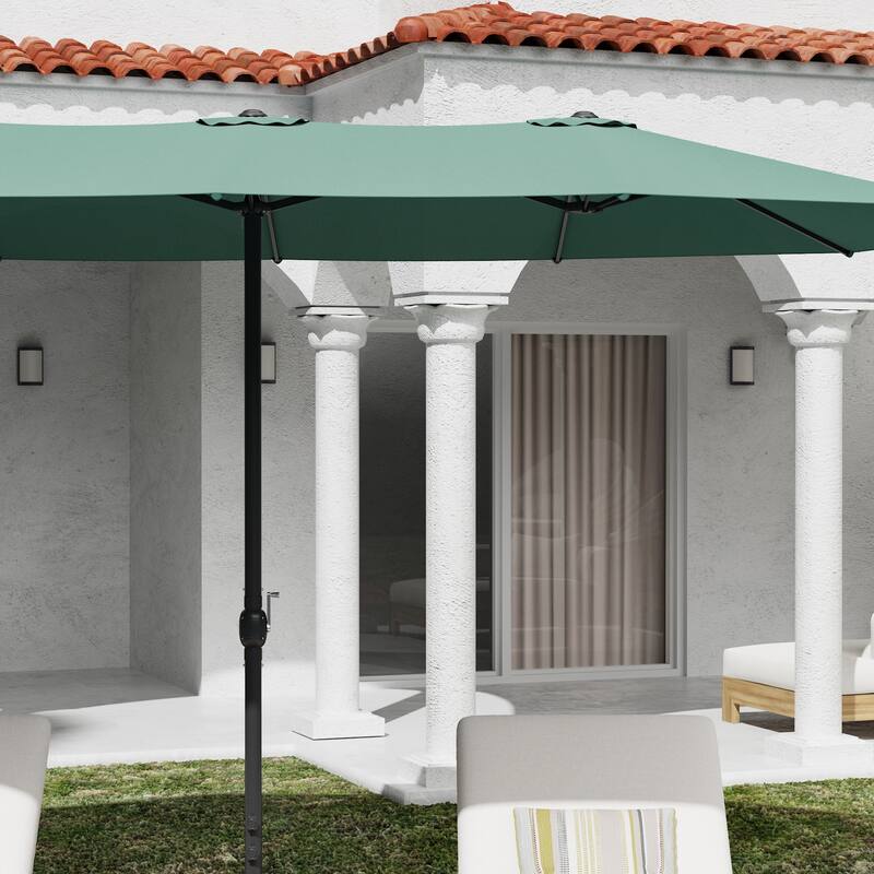 15ft x 9ft Double Patio Umbrella with Base and Sandbags, Extra Large Twin Outdoor Market Umbrella with Auto Tilt, 180g Polyester