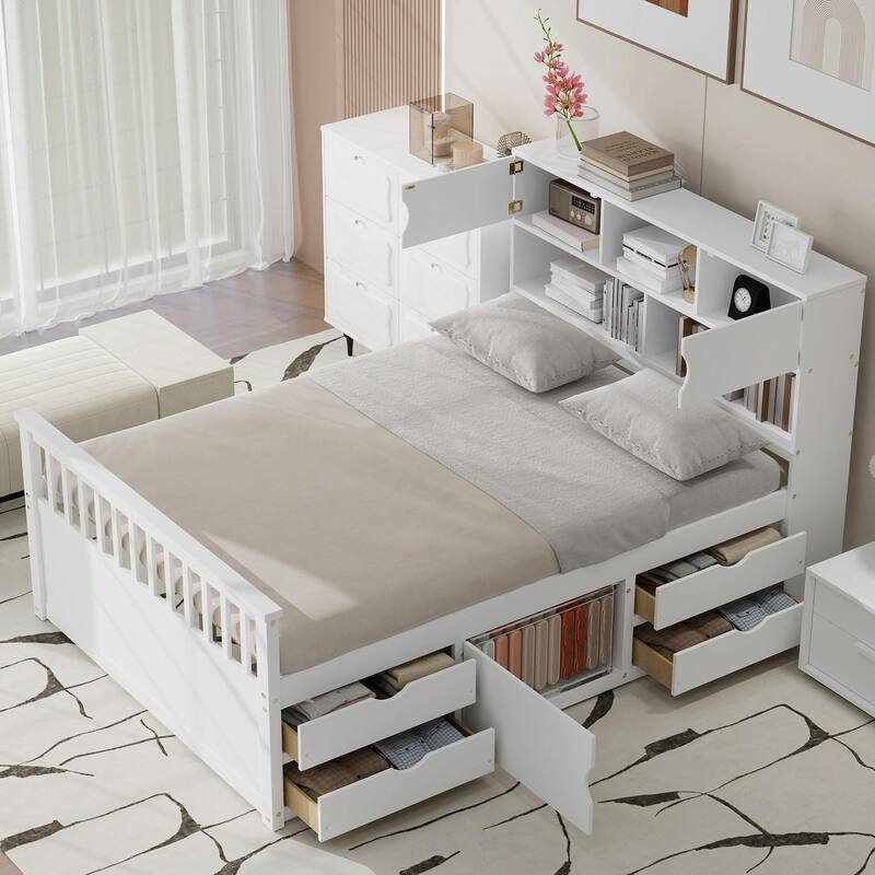 Captain Platform Bed Frame with Storage Bookcases, Shelves & Four Drawers