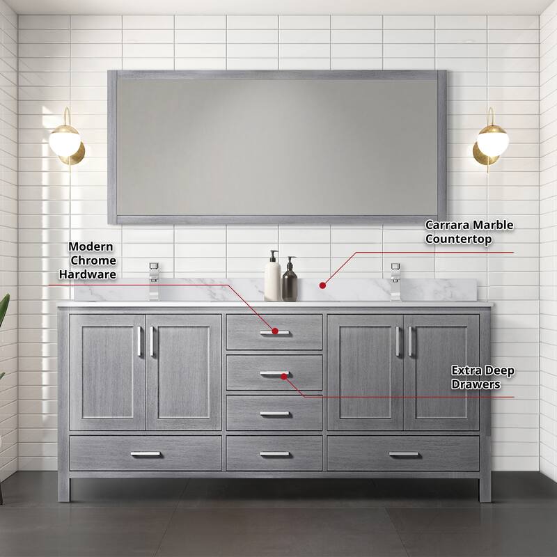 Jacques 72 in. W x 22 in. D Distressed Grey Double Bath Vanity, Carrara Marble Top, Faucet Set, and 70 in. Mirror