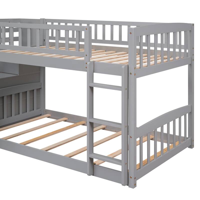 Stairway Twin over Twin Bunk Bed with Two Drawers and Slide, Gray
