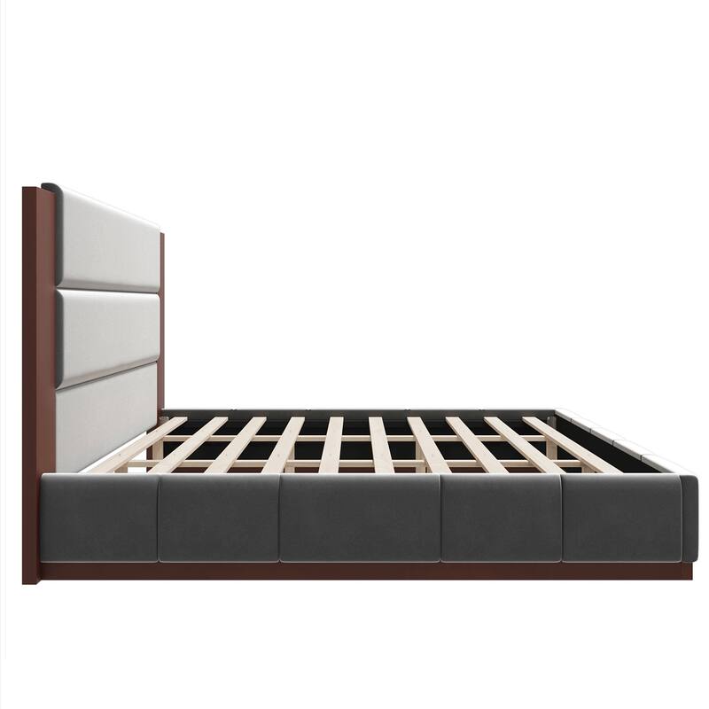 GDFStudio - Velvet Wooden Platform Bed with Extended Headboard