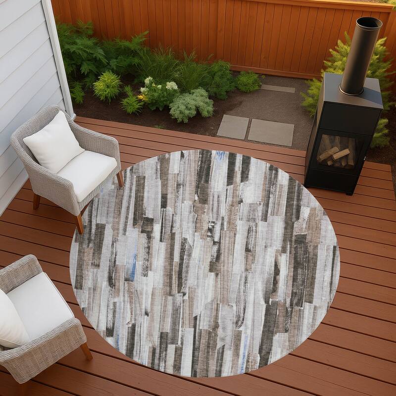 Machine Washable Indoor/ Outdoor Modern Stripes Chantille Rug - Khaki - 8' x 8'
