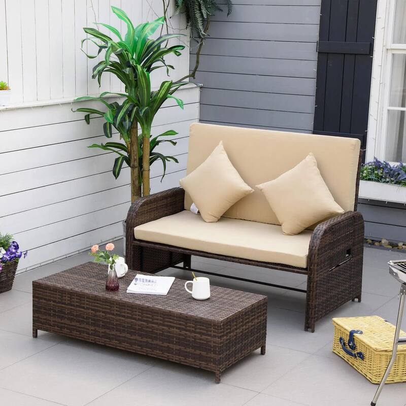 Patio Rattan Daybed with Cushions, Storage Ottoman, Side Tables - Beige