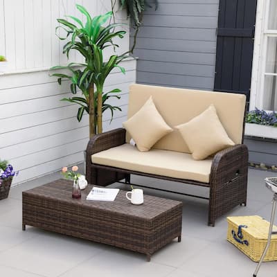 Patio Rattan Daybed with Cushions, Storage Ottoman, Side Tables