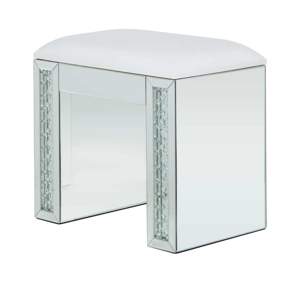Wooden Mirrored Stool with Upholstered Seat - Silver - Roche River Decor