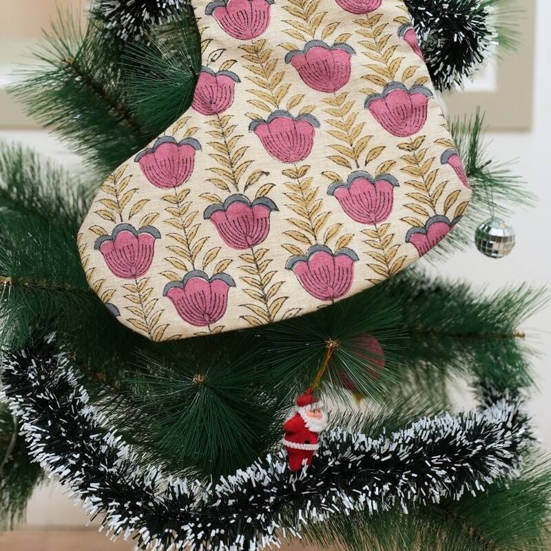Fabdivine Linen or Cotton Hand Block Home Decorative Christmas Stockings - 16"X6.5" - Lotus- Purple, Brown - Christmas Stockings