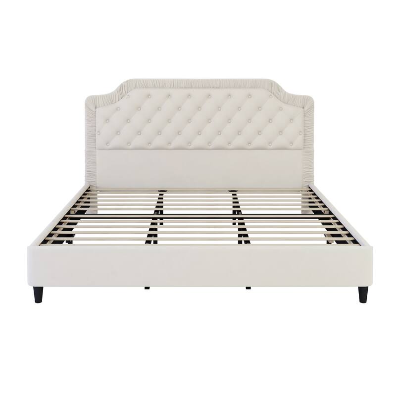 King Size Velvet Upholstered Platform Bed with Button Tufted Ruched Headboard, No Box Spring Required