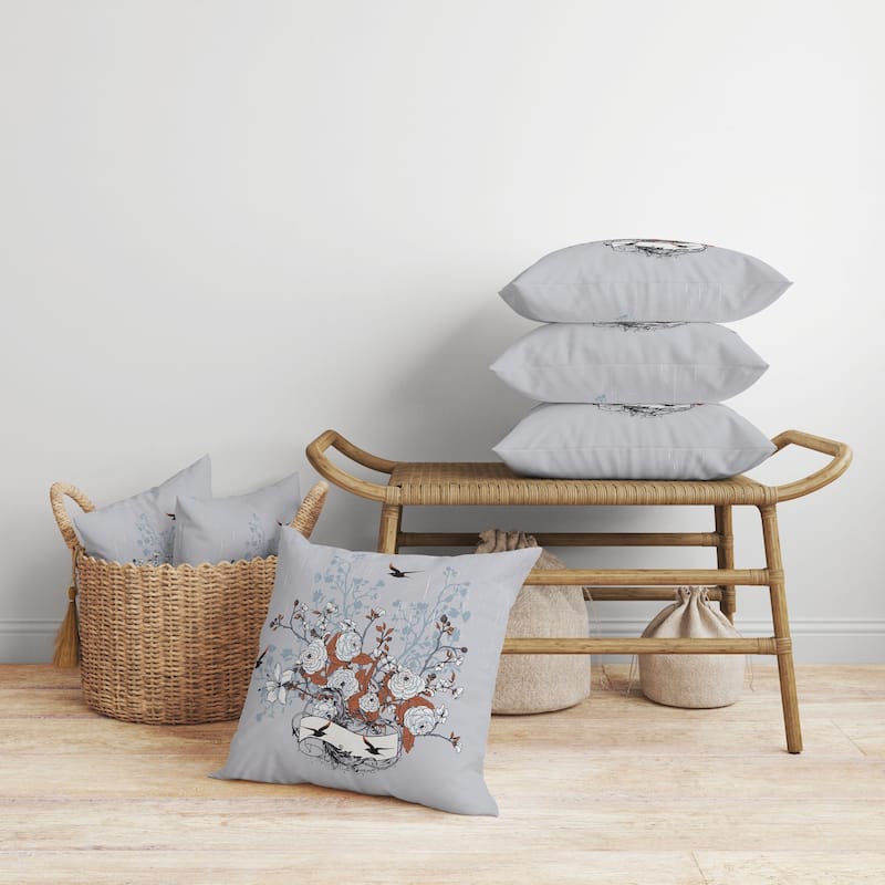 Elegant Floral Bouquet Faux Suede Reversible Throw Pillow Gray and Orange