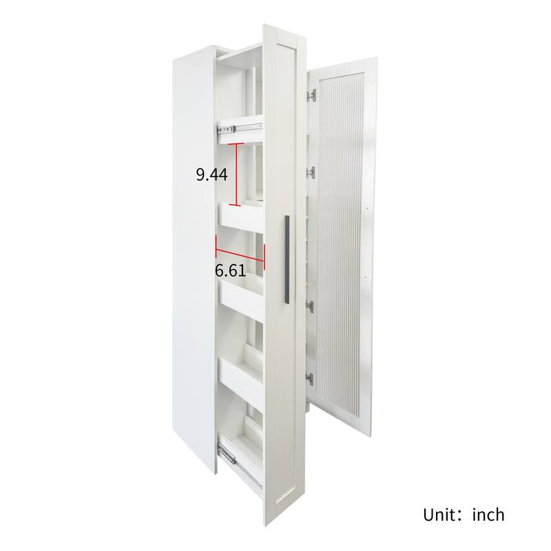 Roomfitters White Kitchen Pantry Cabinet with Glass Doors, Pull-Out Multi-Tier Shelf, and Wine Storage Rack