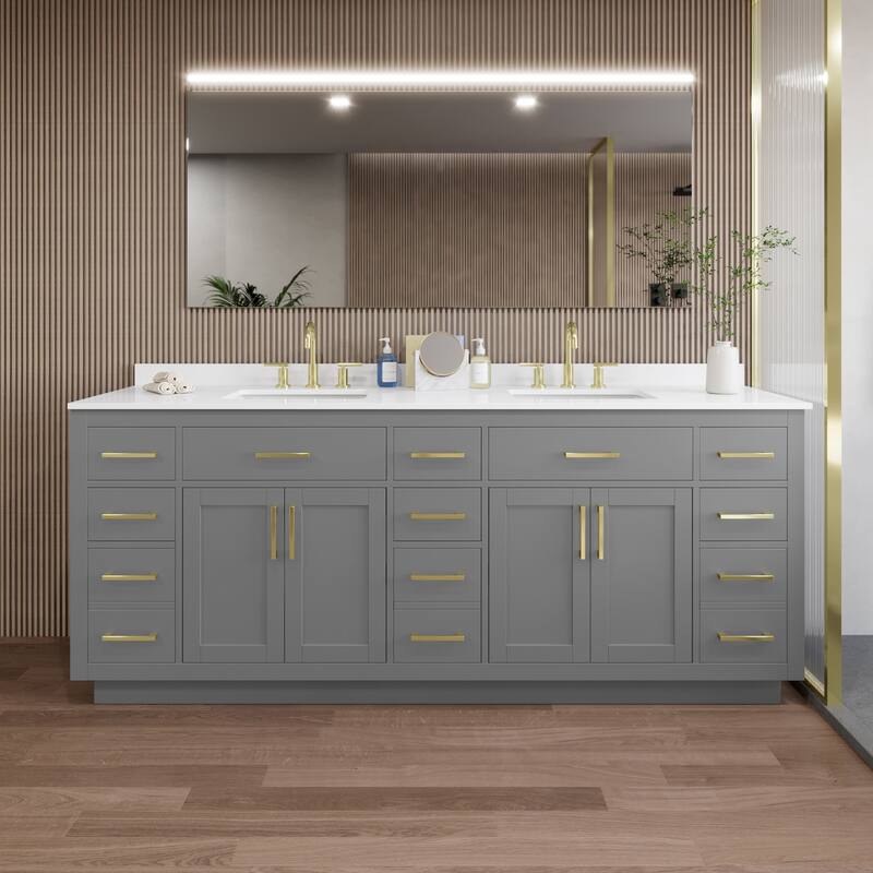 Wyndham Collection WCG262684D-QTZ-US3MXX Beckett TK 84" Free Standing - Dark Gray / White Quartz Top / Brushed Gold
