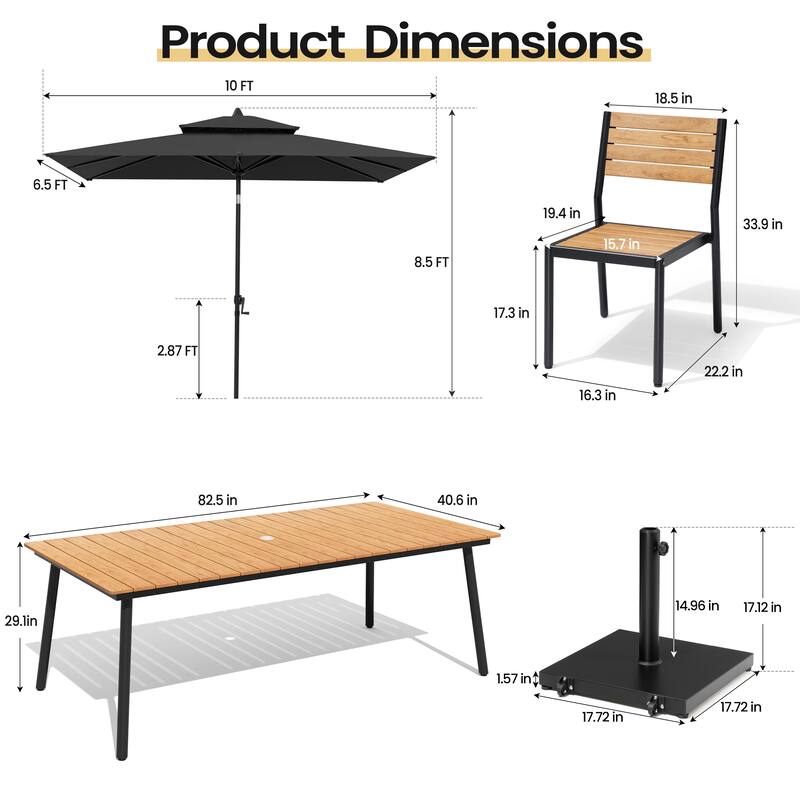 11PC Outdoor Patio Dining Set Wood-Like Aluminum Table with Stackable Chairs,Double Top Market Umbrella and Wheel Base