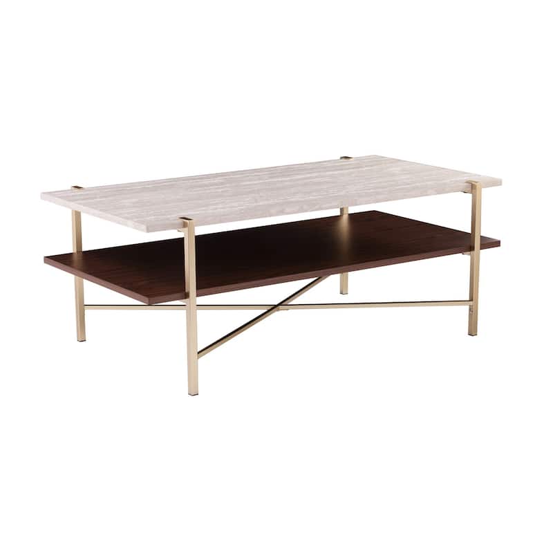 47" Modern Rectangular Coffee Table Brass Finish Metal with Faux Marble Top and Shelf - 47.25”L x 25.5”W x 18”H