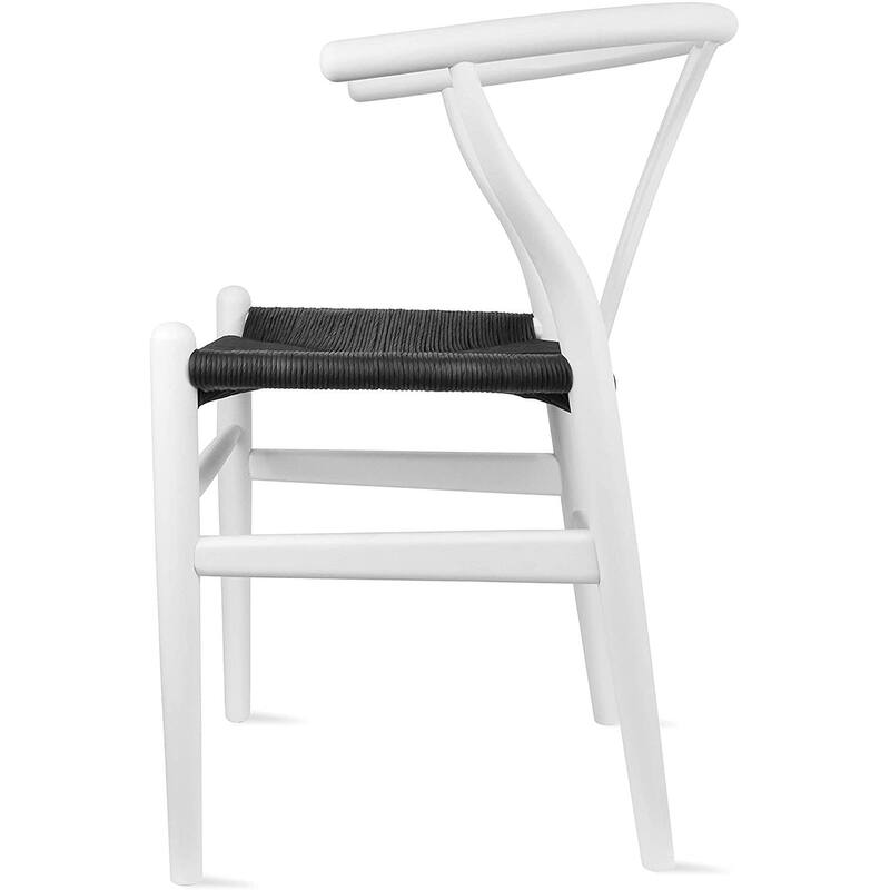 Woven Wood Armchair with Arms Open Y Back Mid Century Modern Office Dining Chairs Black Seat Kitchen Bedroom Organic Rattan
