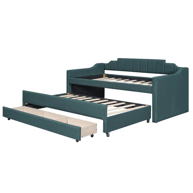 Twin Size Upholstered Daybed with Trundle & Three Drawers, Linen Day Bed Frame w/Armrest, Solid Wood Slats Support for Bedroom