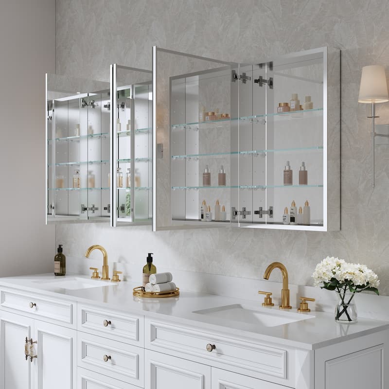 72''/80''W X 30''H Recessed Or Surface Wall Mount Bathroom Medicine Cabinet With Adjustable Glass Shelves