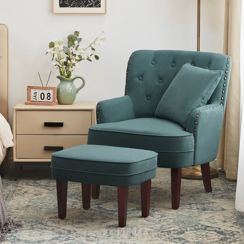 Club Chair Upholstered Button Tufted Accent Chair with Ottoman and Pillow - Dark Teal