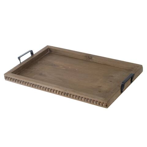 24 Inch Rustic Wood Serving Tray with Iron Handles, Classic Trim, Brown