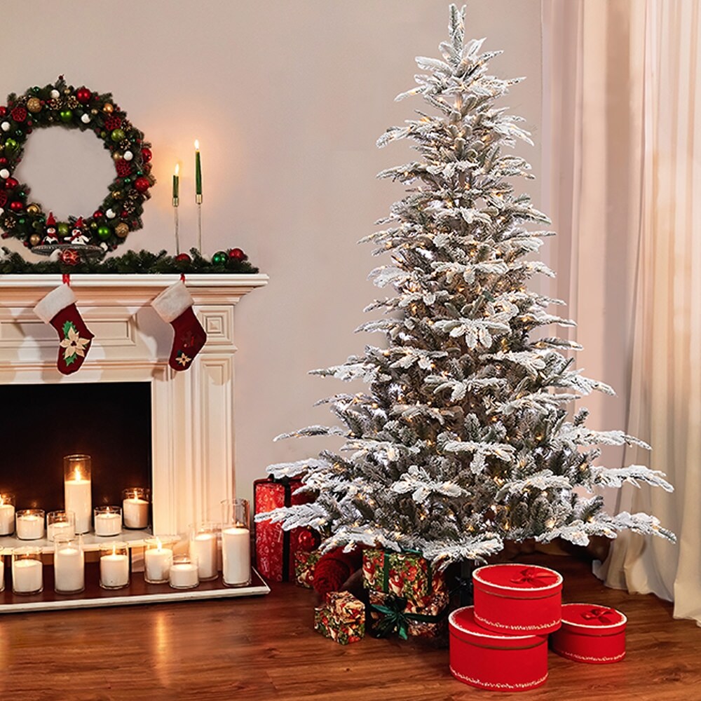 Puleo International Pre-Lit 6.5' Flocked Aspen Fir Artificial Christmas ...