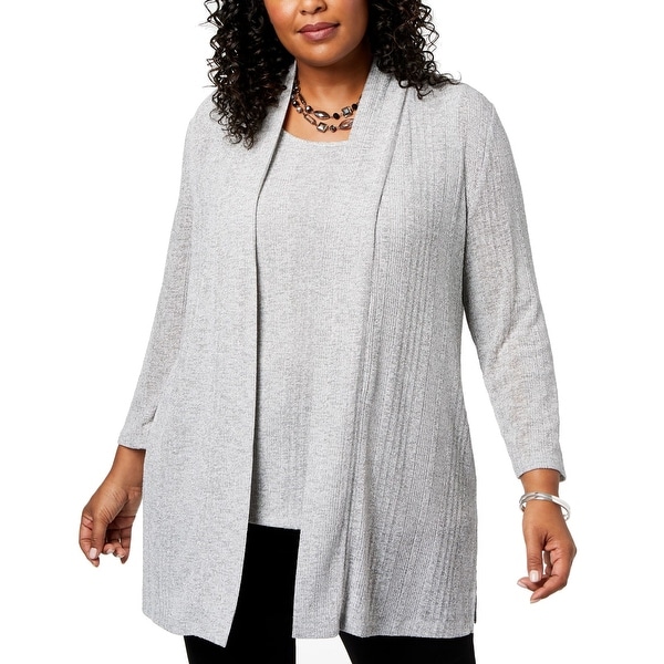 Kasper Womens Sweater Gray Size 1X Plus Cardigan Knit Open Front