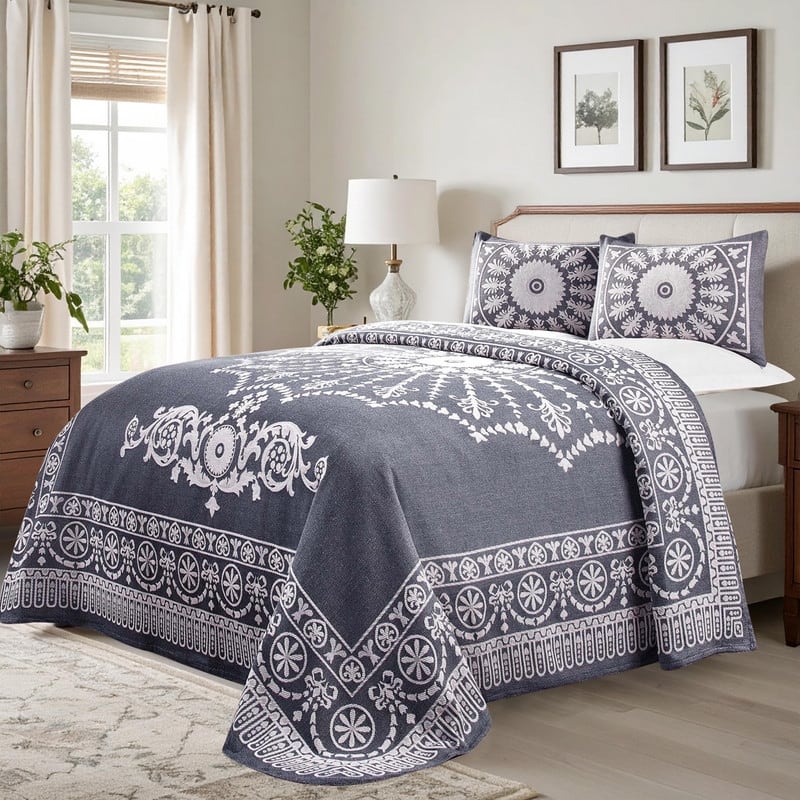 Superior Cotton Blend Oversized Classic Medallion Bedspread Set - Denim Blue - Twin