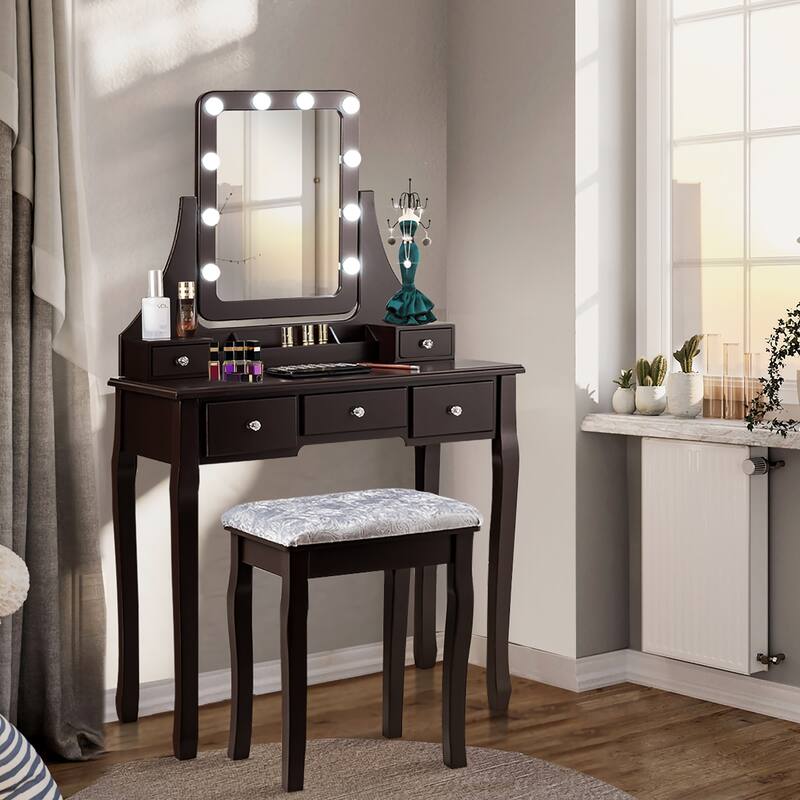 Costway Vanity Dressing Table Set w/ 10 Dimmable Bulbs Touch Switch - Brown