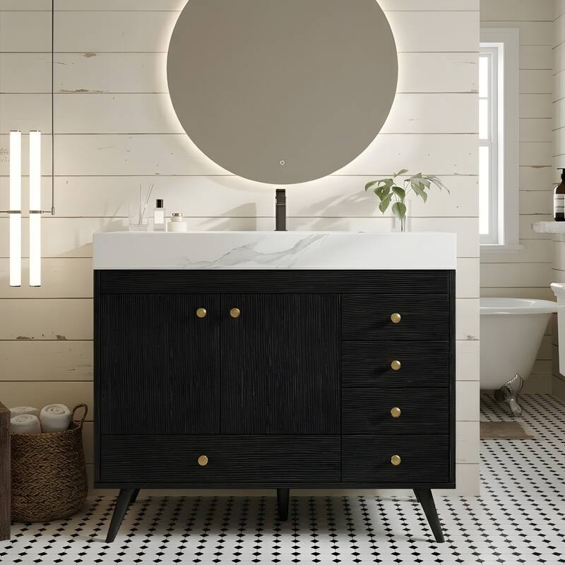 36" Freestanding Bathroom Vanity with Faux Marble Top, Ceramic Sink, 5 Drawers & Stainless Steel Legs