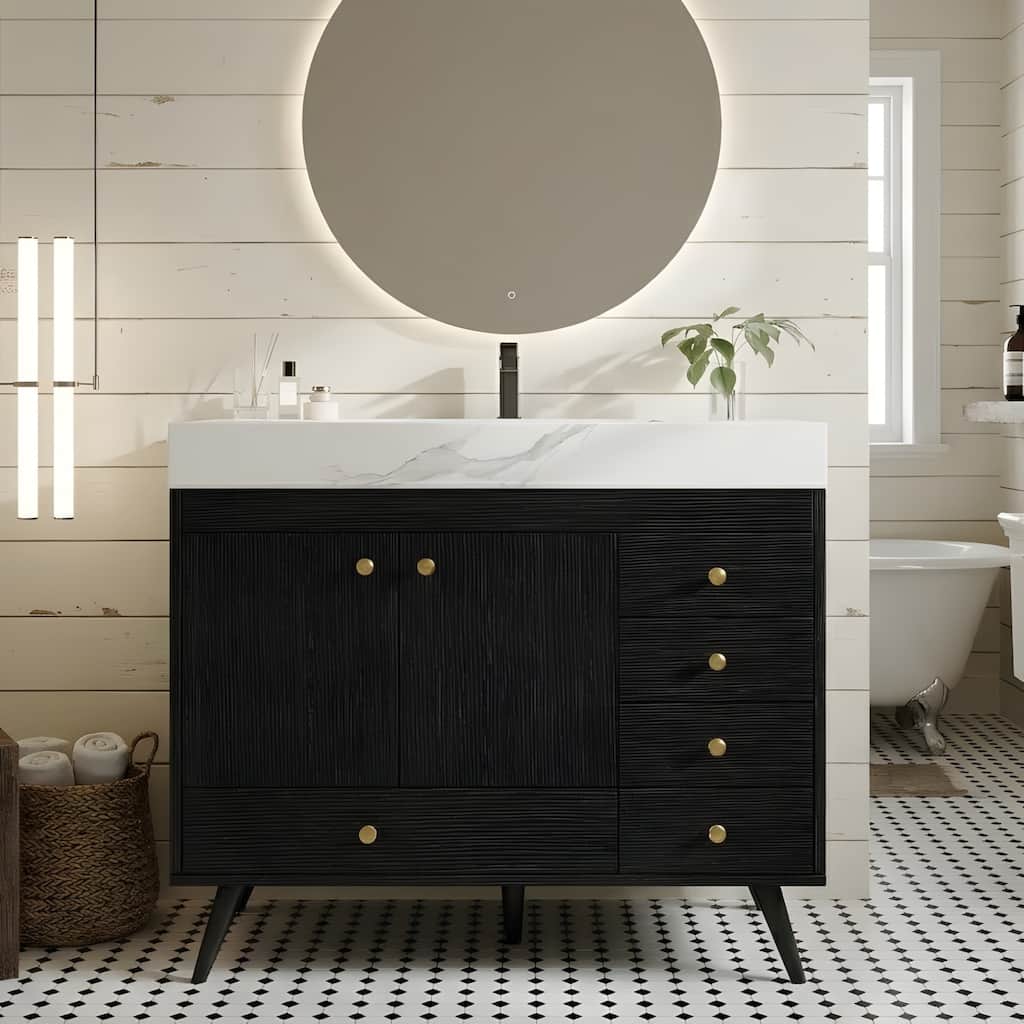 36" Freestanding Bathroom Vanity with Faux Marble Top, Ceramic Sink, 5 Drawers & Stainless Steel Legs