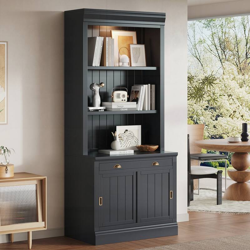 Modern Bookcase with Sliding Doors and Open Shelves