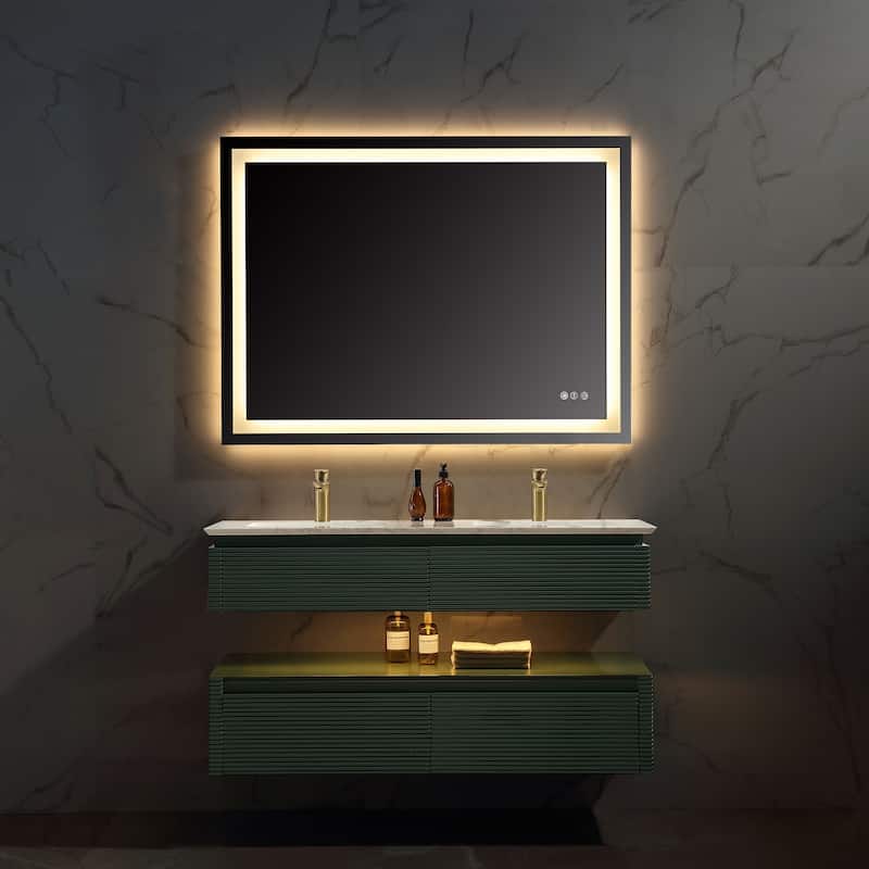 Modland 36/48 Inch LED Floating Vanity with Marble Top & Soft-Close Drawer - Green/White, Wall Drain Ready