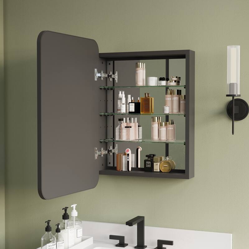 Recessed or Surface Wall Mount Bathroom Mirror Medicine Cabinet With Adjustable Glass Shelves