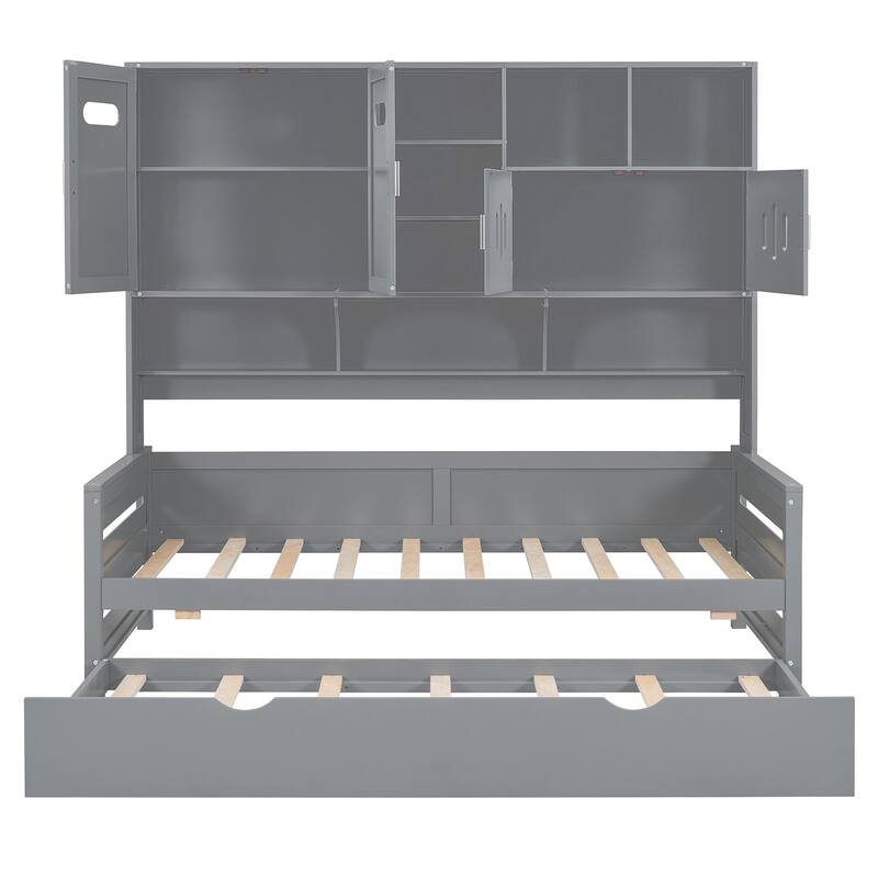 Modern Storage Platfrom Bed Frame Solid Wood Daybed with Trundle, Bookcase and All-in-One Cabinet, No Box Spring Needed