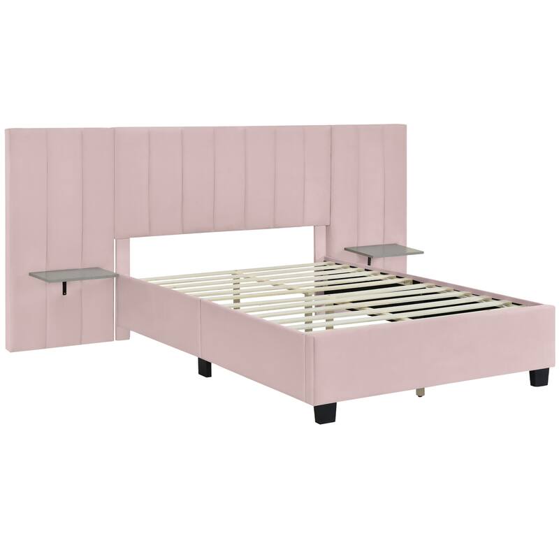 Modern Velvet Upholstered Platform Bed with Large Headboard