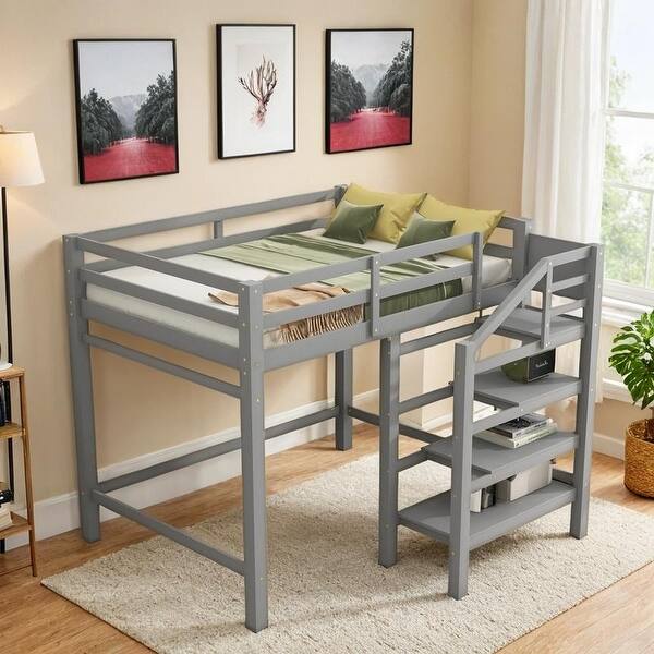 slide 2 of 34, Transitional Style Multifunctional Wood Loft Bed Frame with Storage Wardrobe and Staircase,Full Gray