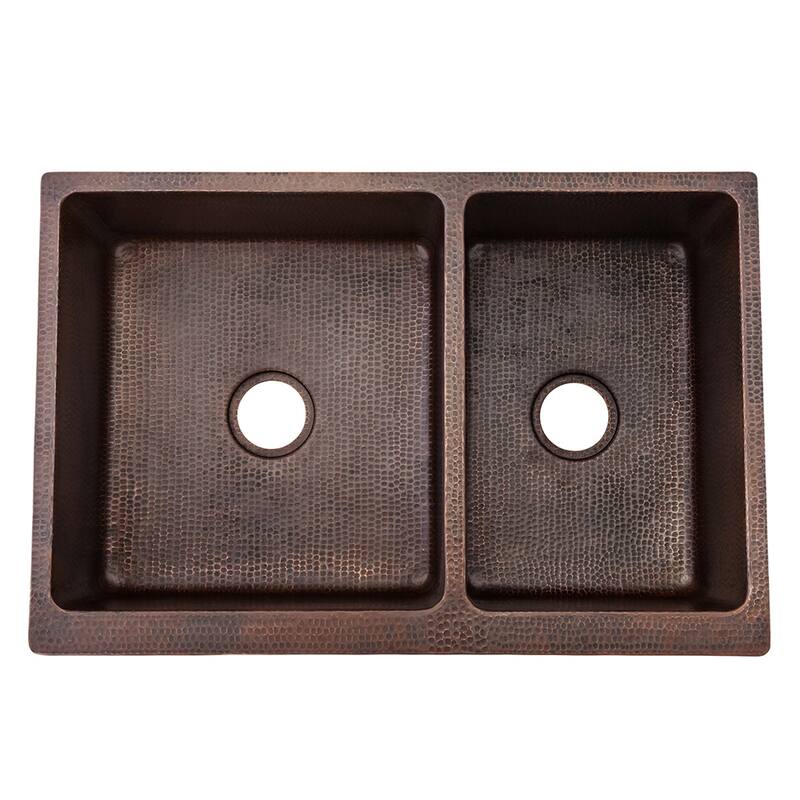 33-in Hammered Copper Apron Front 60/40 Double Basin Kitchen Sink w/ Scroll Design and Nickel Background (KA60DB33229S-NB)
