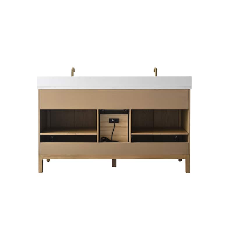 60" Freestanding Double-Sink Bathroom Vanity with Engineered Stone Top, Built-In Power Outlet, and Hair Dryer Storage