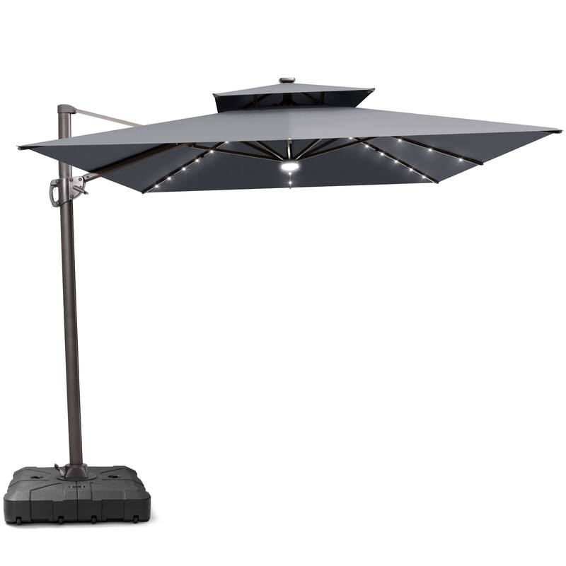 9 FT x 11 FT Outdoor Dual Top Patio Cantilever Umbrella LED Light with Wheel Base - Dark Grey