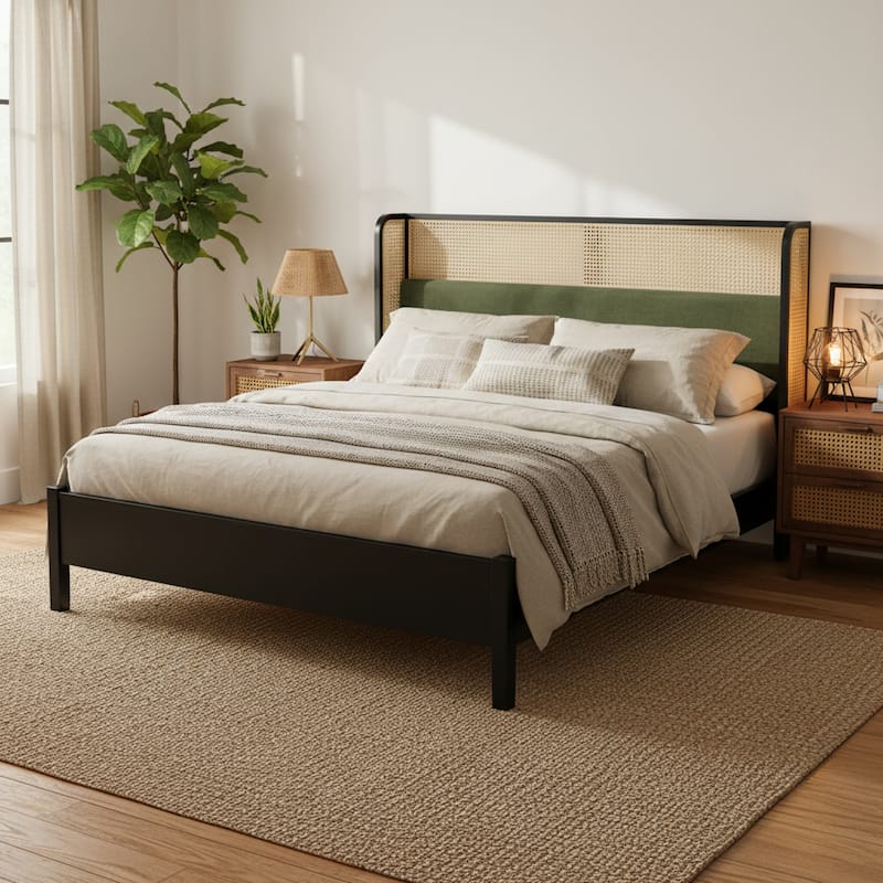 Christopher Knight Home - Mid-Century Upholstered Wood Low-Profile Platform Bed with Rattan Weaving Headboard - Black+Green - King