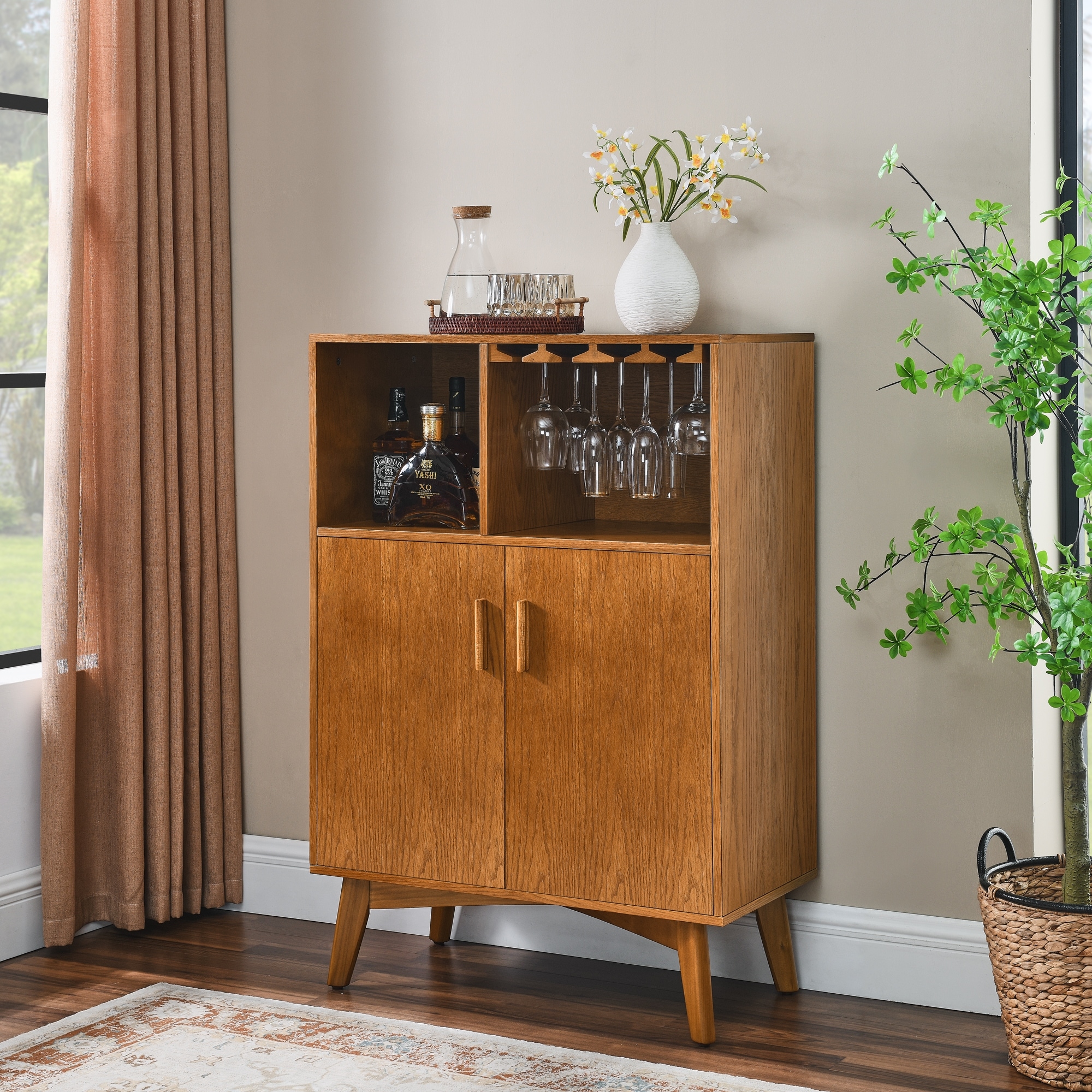 Wooden Wine Bar Cabinet with Adjustable Shelves, Wine Bottle Rack, Wine Glass Holder, Wine Display Cabinet for Bar