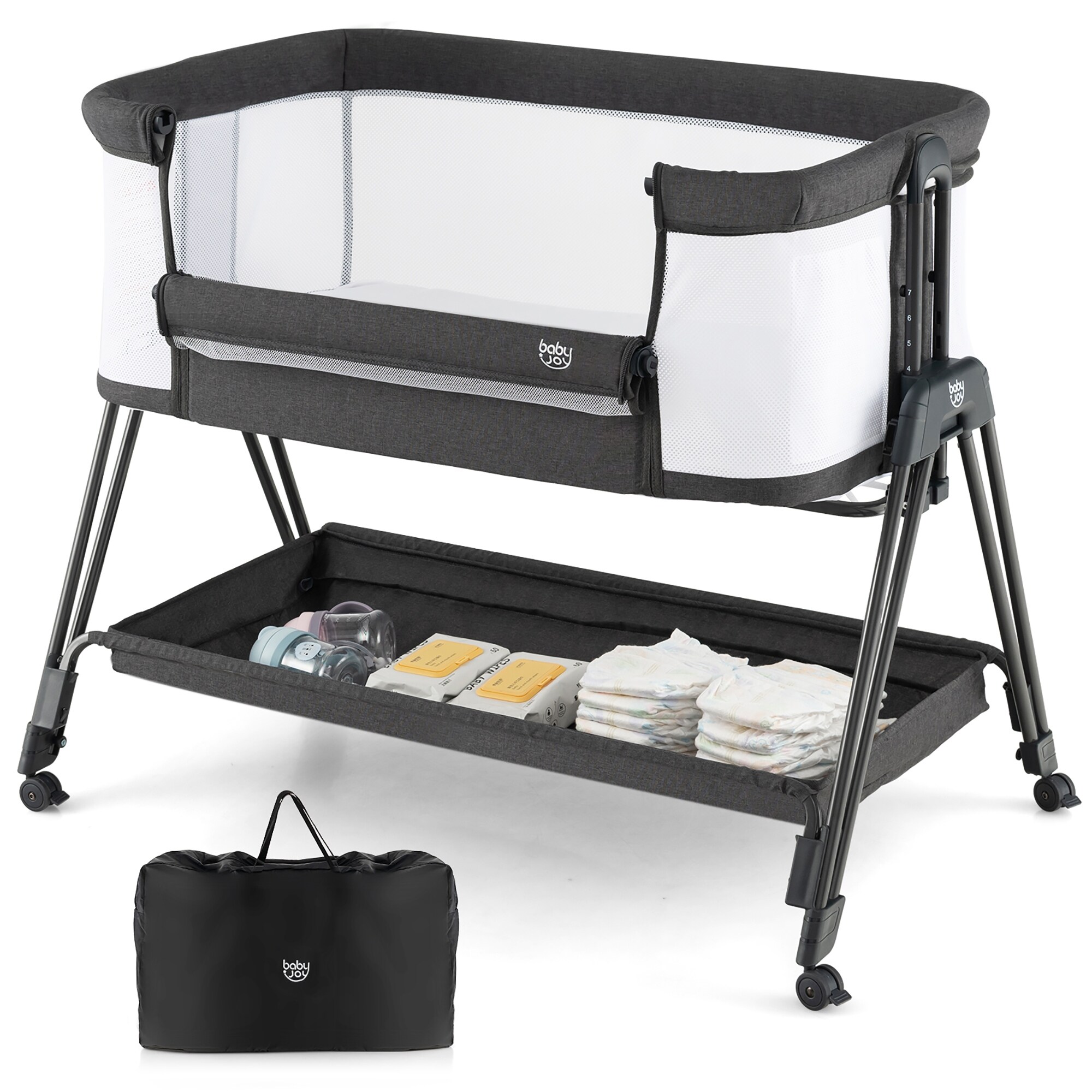 Babyjoy Baby Bedside Sleeper Bassinet with Wheels Storage Tray 38 x 22 x 28 34 L x W x H