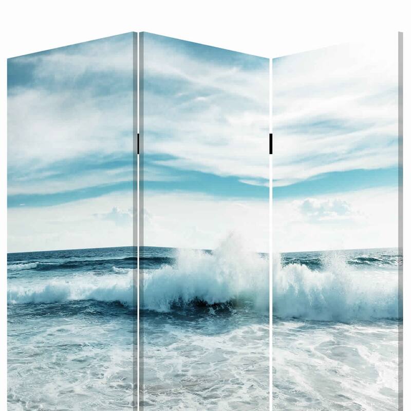 Foldable Canvas Screen with Ocean Shore Print and 3 Panels, Multicolor