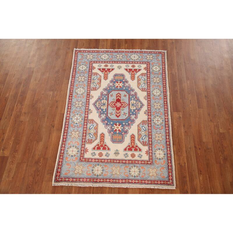 Ivory Geometric Kazak Oriental Accent Rug Handmade Wool Carpet - 3'5"x 4'11"