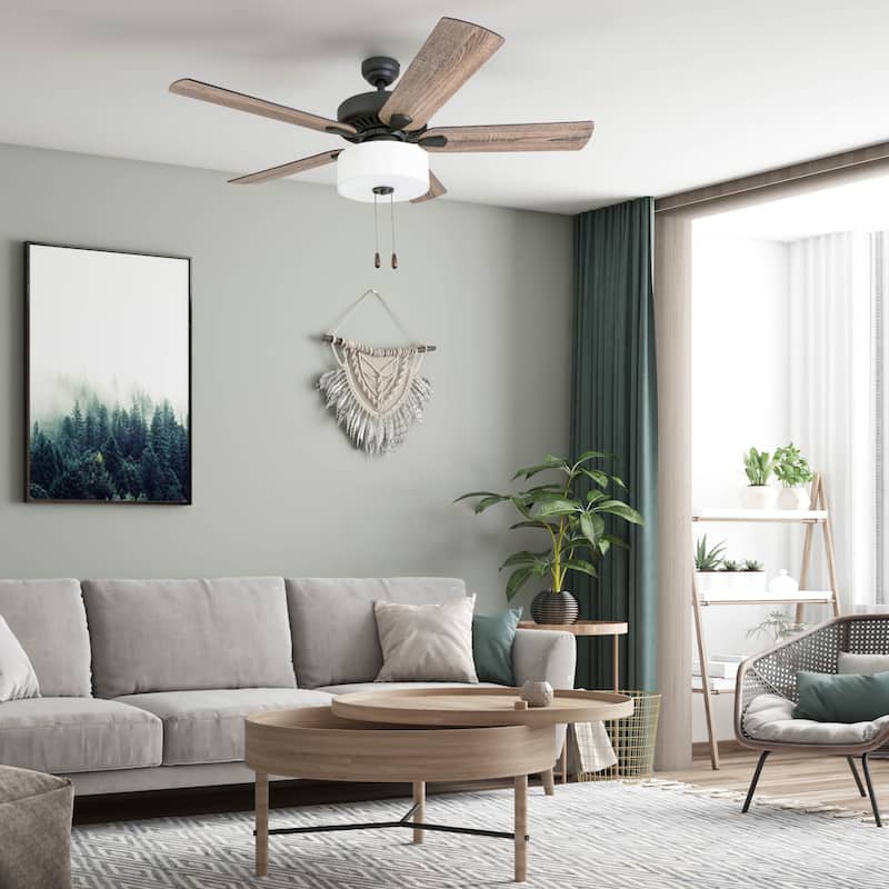 The Gray Barn Hatekin Farmhouse 52-inch Aged Bronze LED Ceiling Fan in Linen Drum Light