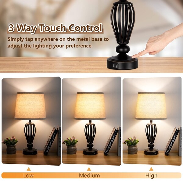 USB Bedside Lamp 3 Way Dimmable Touch Table Lamp with Dual USB Charging Ports Industrial Table Lamp Black Metal Base Farmhouse