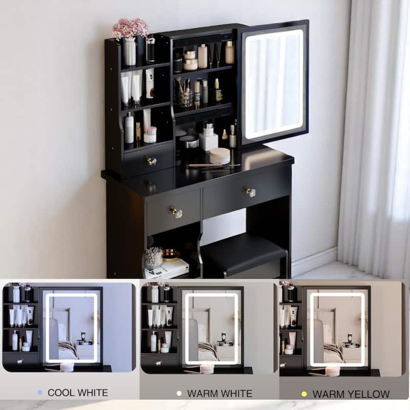 KISRAIS Fashion Vanity Desk with Mirror and Lights, 3 Color Lighting Brightness Adjustable