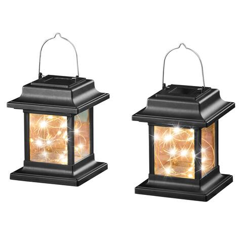 Solar String Light Lanterns with Hanging Hooks - Set of 2 - Black - 4.25 x 7.87 x 4.25