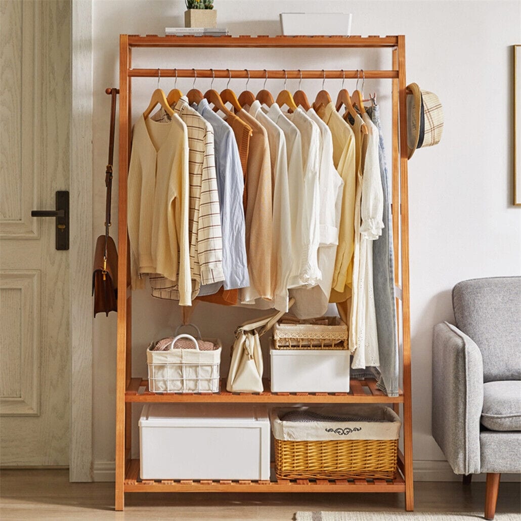 Bamboo Garment Rack Clothes Shelf Shoes Storage with Hooks