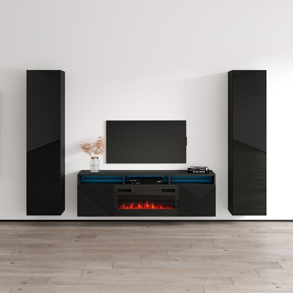 Meble Furniture Giza BL-EF Floating Fireplace Entertainment Center Set 40 for up to 70" TVs - 94.6"W x 66.9"H - Glossy/Matte