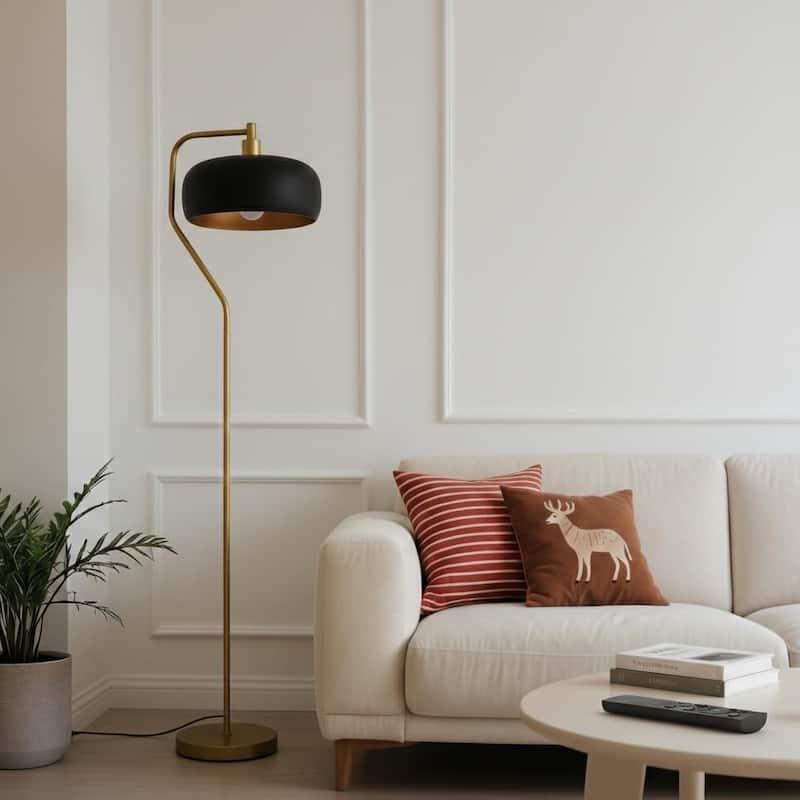Tute Modern Floor Lamp with Curved Gold Base and Black Drum Shade